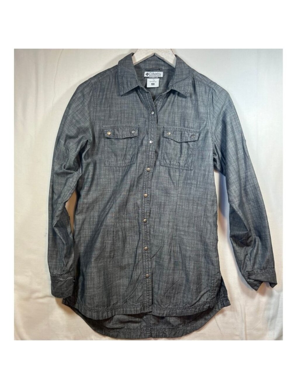 Columbia Mens Small Gray Cotton Chambray Snap Front Long Sleeve Shirt